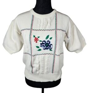 Vintage Koret City Blues Floral Embroidered Cotton‎ Knit Sweater Top L 80s 90s